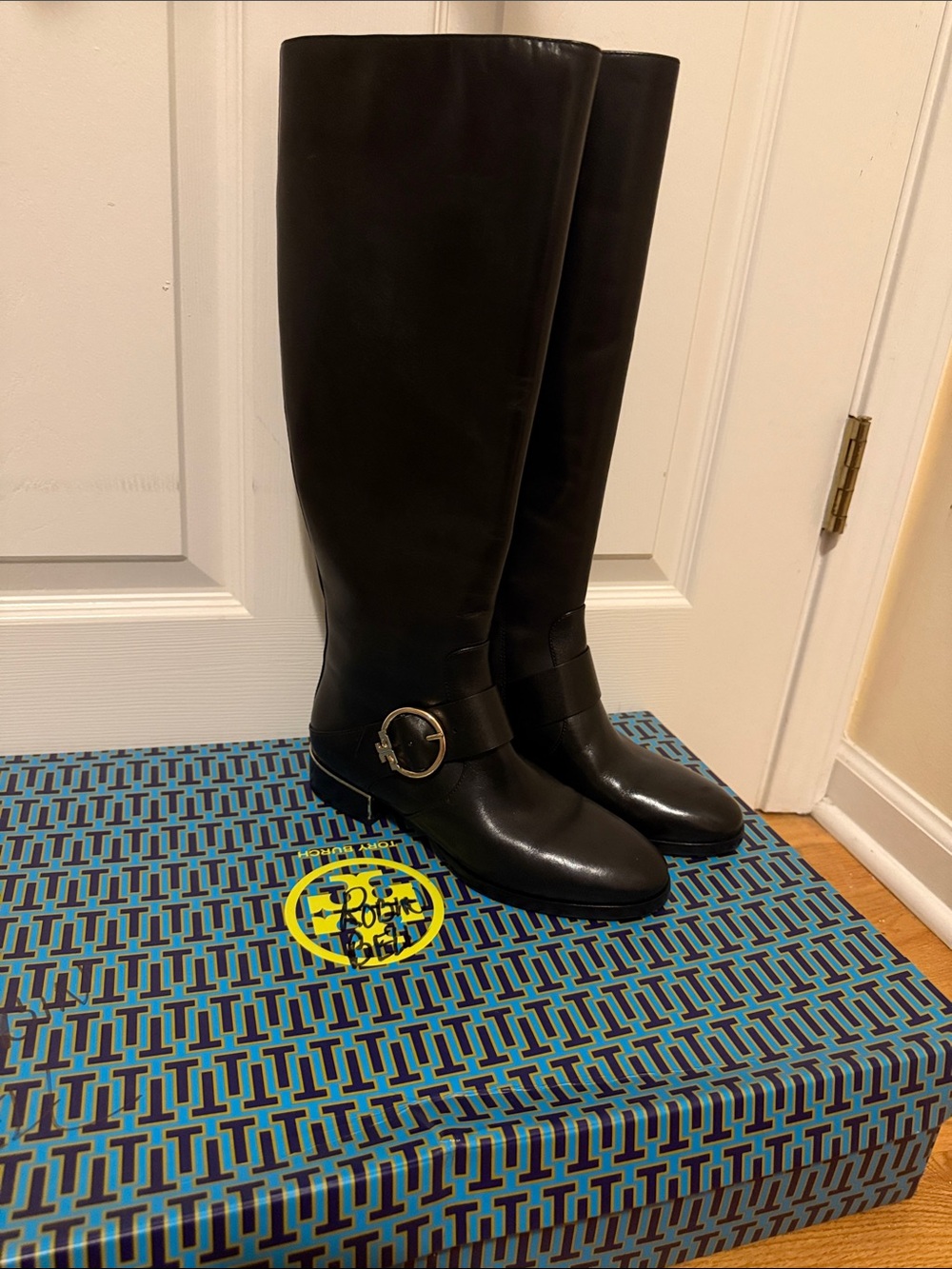 Tory Burch Black Tall Leather Riding Boots with Gold Buckle
